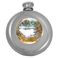 River Water Art Abstract Stones Round Hip Flask (5 Oz)