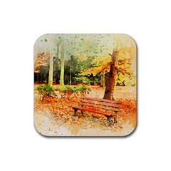 Tree Park Bench Art Abstract Rubber Coaster (square)  by Celenk