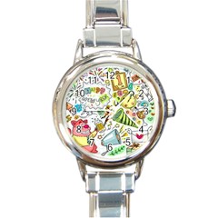 Doodle New Year Party Celebration Round Italian Charm Watch by Celenk