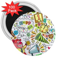 Doodle New Year Party Celebration 3  Magnets (100 Pack) by Celenk