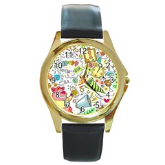 Doodle New Year Party Celebration Round Gold Metal Watch by Celenk