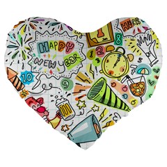 Doodle New Year Party Celebration Large 19  Premium Heart Shape Cushions by Celenk