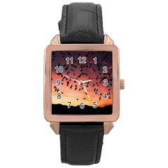 Sunset Dusk Silhouette Sky Birds Rose Gold Leather Watch  by Celenk