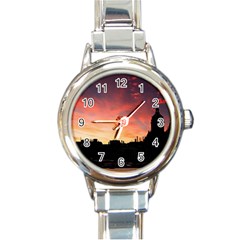 Sunset Silhouette Sun Sky Evening Round Italian Charm Watch by Celenk