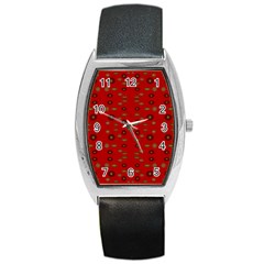 Brown Circle Pattern On Red Barrel Style Metal Watch