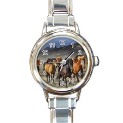 Horses Stampede Nature Running Round Italian Charm Watch by Celenk