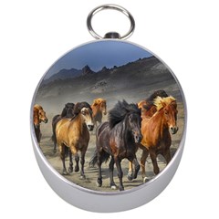 Horses Stampede Nature Running Silver Compasses by Celenk