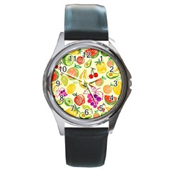 Cute Fruits Pattern Round Metal Watch by paulaoliveiradesign