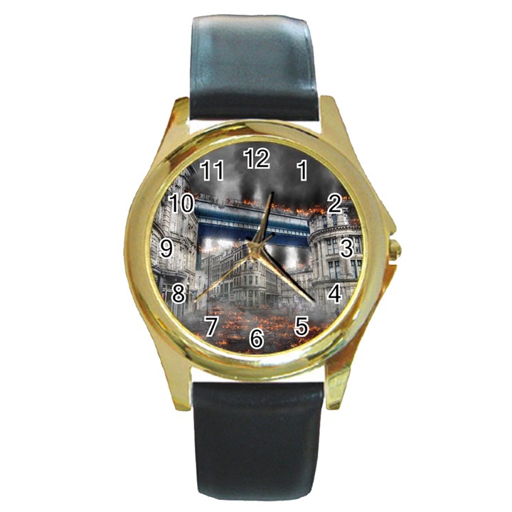 Destruction City Building Round Gold Metal Watch