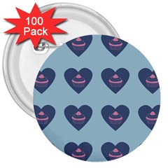 Cupcake Heart Teal Blue 3  Buttons (100 Pack)  by snowwhitegirl