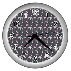 Winter Hat Hearts Snow Green Grey Wall Clocks (silver) 