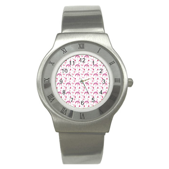 Winter Pink Hat White Heart Snow Stainless Steel Watch