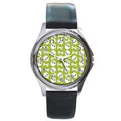 Skull Bone Mask Face White Green Round Metal Watch