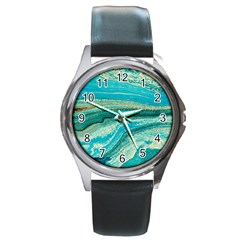 Mint,gold,marble,nature,stone,pattern,modern,chic,elegant,beautiful,trendy Round Metal Watch by NouveauDesign