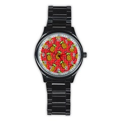 Fruit Pineapple Red Yellow Green Stainless Steel Round Watch
