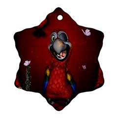 Funny, Cute Parrot With Butterflies Snowflake Ornament (two Sides) by FantasyWorld7
