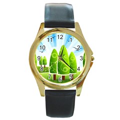 Landscape Nature Background Round Gold Metal Watch