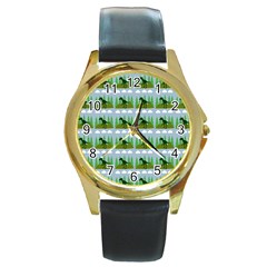 Dino In The Mountains Blue Round Gold Metal Watch
