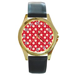 Daisy Dots Red Round Gold Metal Watch