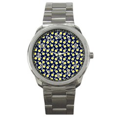 Square Flowers Navy Blue Sport Metal Watch