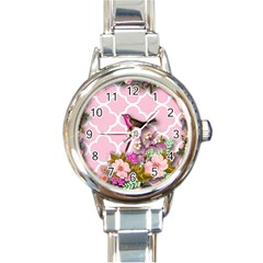 Shabby Chic,floral,bird,pink,collage Round Italian Charm Watch by NouveauDesign