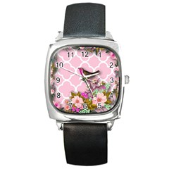 Shabby Chic,floral,bird,pink,collage Square Metal Watch by NouveauDesign