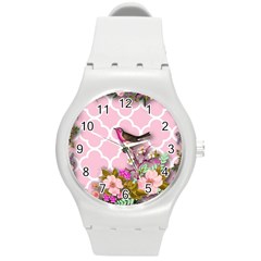 Shabby Chic,floral,bird,pink,collage Round Plastic Sport Watch (m) by NouveauDesign