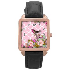 Shabby Chic,floral,bird,pink,collage Rose Gold Leather Watch  by NouveauDesign