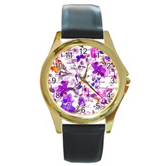 Ultra Violet,shabby Chic,flowers,floral,vintage,typography,beautiful Feminine,girly,pink,purple Round Gold Metal Watch by NouveauDesign