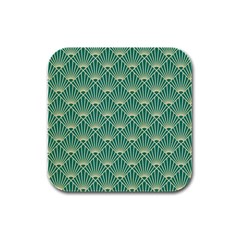 teal,beige,Art nouveau,vintage,original,belle époque,fan pattern,geometric,elegant,chic Rubber Square Coaster (4 pack) 