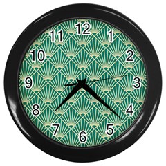 teal,beige,Art nouveau,vintage,original,belle époque,fan pattern,geometric,elegant,chic Wall Clocks (Black)