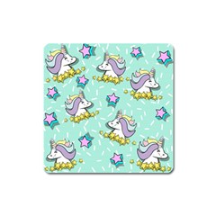 Magical Happy Unicorn And Stars Square Magnet by Bigfootshirtshop