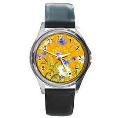 Flowers Daisy Floral Yellow Blue Round Metal Watch by Nexatart