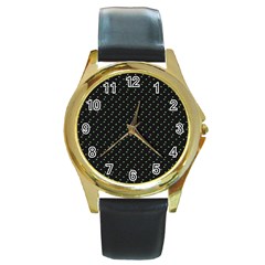 Pink Flowers On Black Round Gold Metal Watch