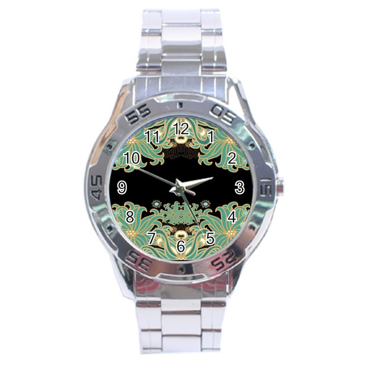 black,green,gold,art nouveau,floral,pattern Stainless Steel Analogue Watch