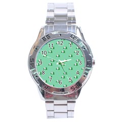 Pink Flowers Green Big Stainless Steel Analogue Watch