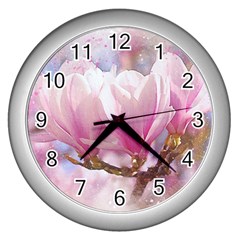 Flowers Magnolia Art Abstract Wall Clocks (silver)  by Nexatart