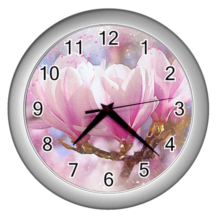 Flowers Magnolia Art Abstract Wall Clocks (Silver) 