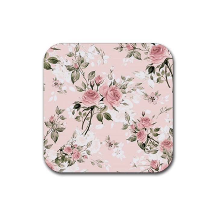 pink shabby chic floral Rubber Coaster (Square) 