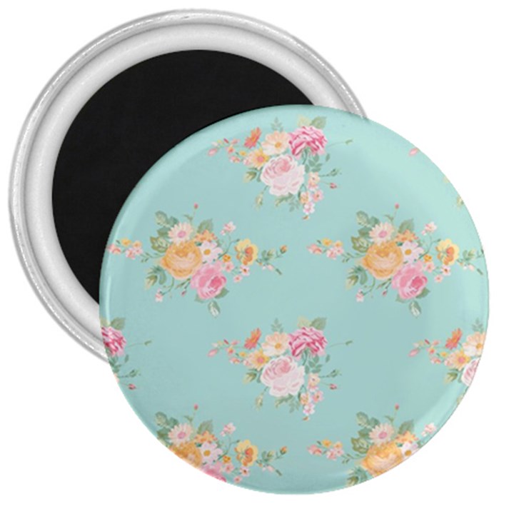 Mint,shabby chic,floral,pink,vintage,girly,cute 3  Magnets