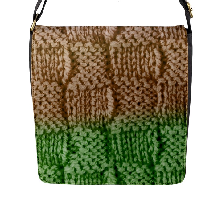 Knitted Wool Square Beige Green Flap Messenger Bag (L) 