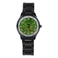 Happy St  Patrick s Day With Clover Stainless Steel Round Watch by FantasyWorld7