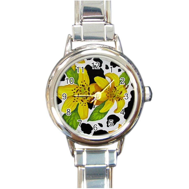 Floral Cow Print Round Italian Charm Watch