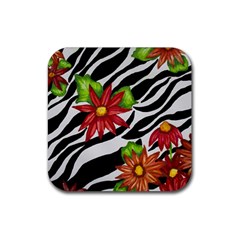 Floral Zebra Print Rubber Coaster (square)  by dawnsiegler