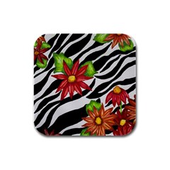 Floral Zebra Print Rubber Square Coaster (4 Pack)  by dawnsiegler