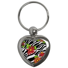 Floral Zebra Print Key Chains (heart)  by dawnsiegler