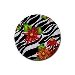 Floral Zebra Print Rubber Round Coaster (4 Pack)  by dawnsiegler