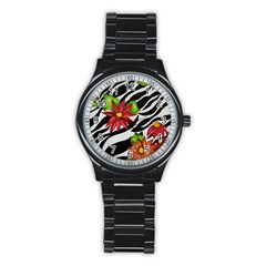 Floral Zebra Print Stainless Steel Round Watch by dawnsiegler