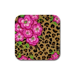 Floral Leopard Print Rubber Square Coaster (4 Pack) 