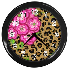 Floral Leopard Print Wall Clocks (black) by dawnsiegler